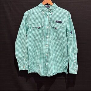 Simply Southern Womens Shirt green gingham plaid long roll sleeve button-up Sz S